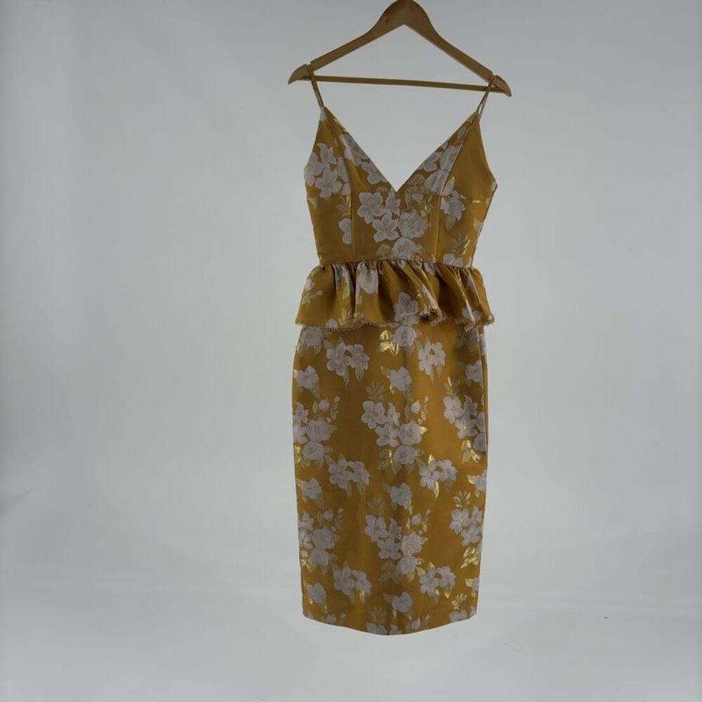 V. Chapman Gold Baroque Floral Peplum Dress